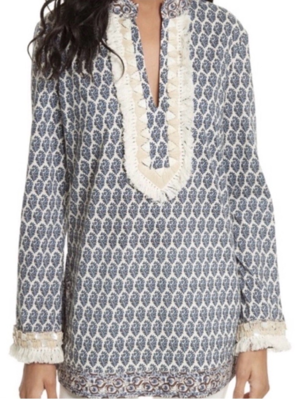 TORY BURCH Ellise Printed Blue Tunic Top Seashells 12